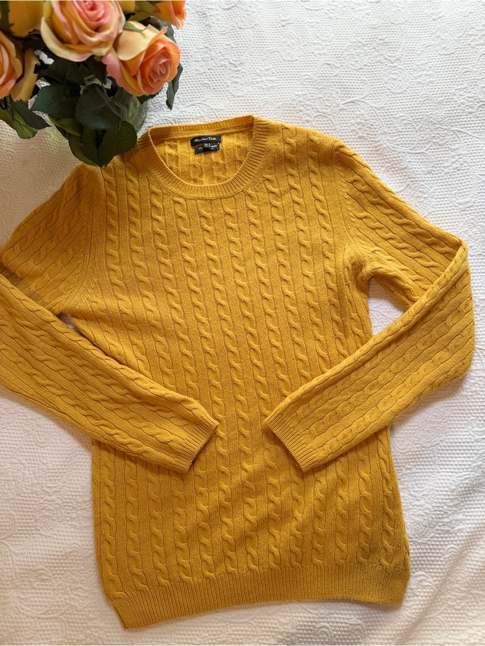 Massimo Dutti Mustard Yellow Cable-Knit Wool-Cashmere Blend Crewneck Sweater